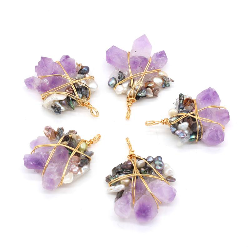 

Pendant Necklaces Natural Amethysts Stone Quartz Wire Wrapped Pearl Charms For Handmade DIY Necklace Making Jewelry