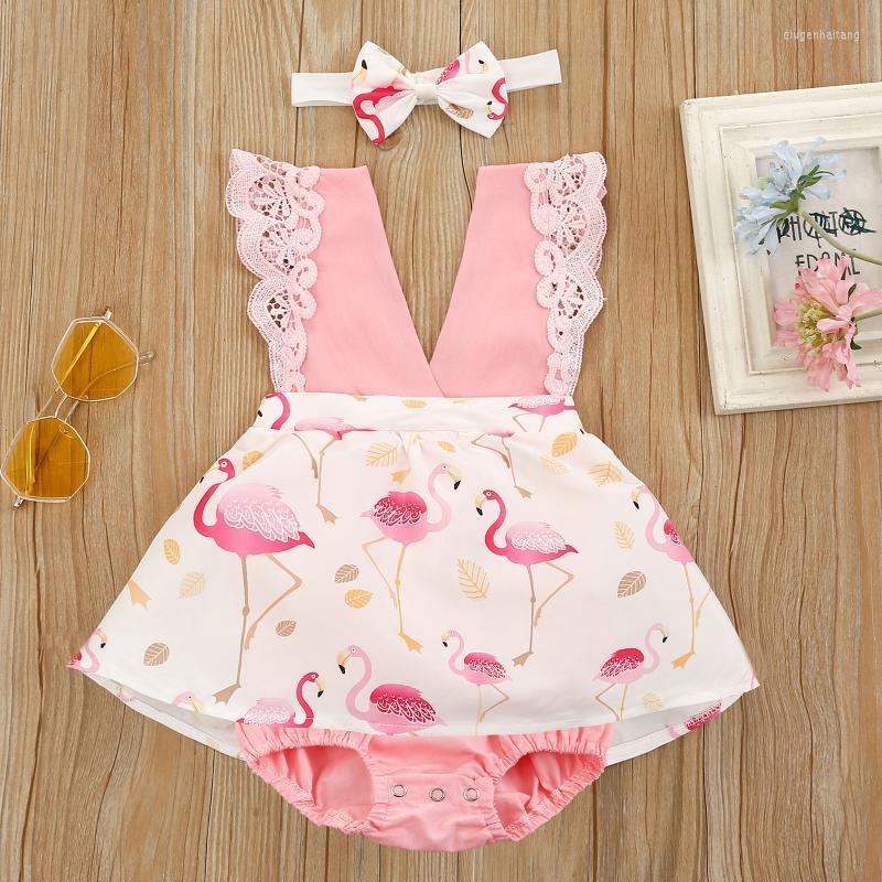 

Girl's Dresses 0-24M Sweet Baby Girls Romper Dress Flamingo Printed Lace Sleeveless V Neck Jumpsuits Headwear 2pcs Summer OutfitsGirl's, Pink