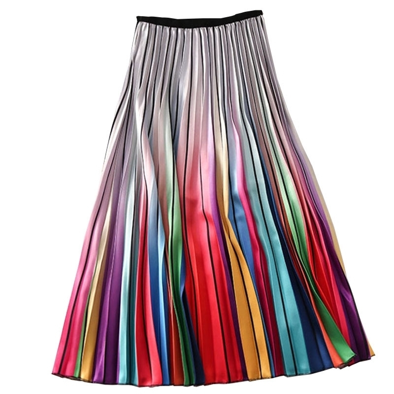 

Woman High Waist Pleated Skirt Spring Summer Rainbow Skirts Lady Elastic Waist A Line Midi Skirt Mid Calf Long Skirts Y200326, A79