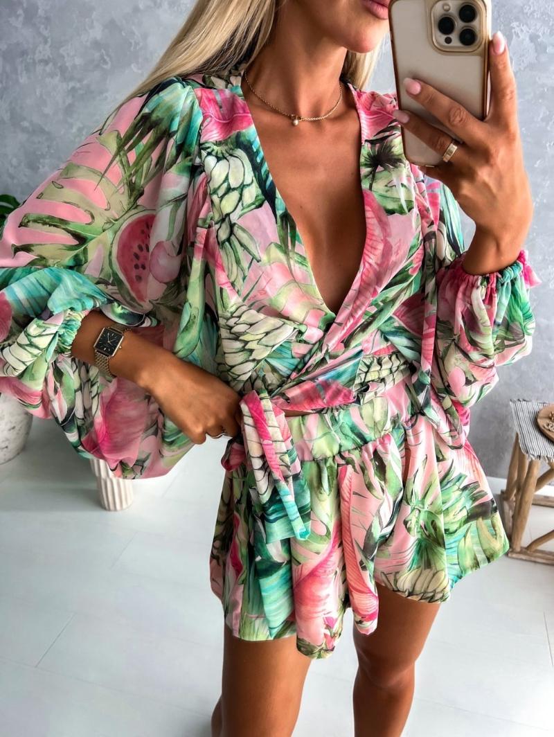 

Women' Tracksuits Summer Two Piece Set Women Fashion Beach Style Chiffon Print V Neck Lace Up Shirt Shorts Suit WomenWomen, Blue