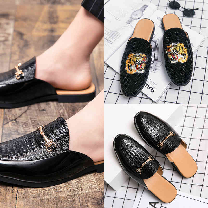 

Dres Shoe Luxury Designer Italian Men Half Shoe Brand Lacquer Leather Casual Slipper Hairdresser Mule Slide 220723, One time