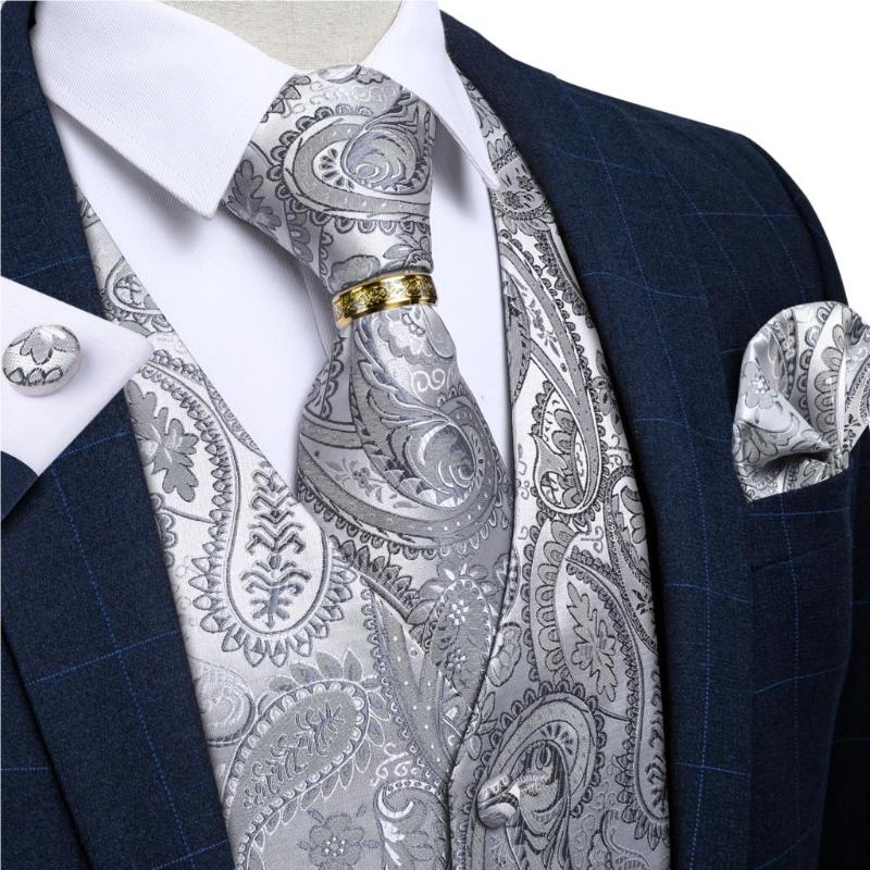 

Men' Vests Silver Paisley Suit Vest For Men Wedding Tuxedo Silk Waistcoat Neck Tie Pocket Square Cufflinks Set Men' Clothing Blazer Ve, Jz06-104