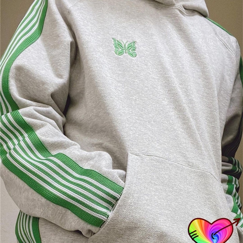 Sweat à capuche d'aiguilles grises hommes femmes de haute qualité Green Stripe broderie Butterfly aiguilles Sweatles Sweats Sweats Sweats 220815