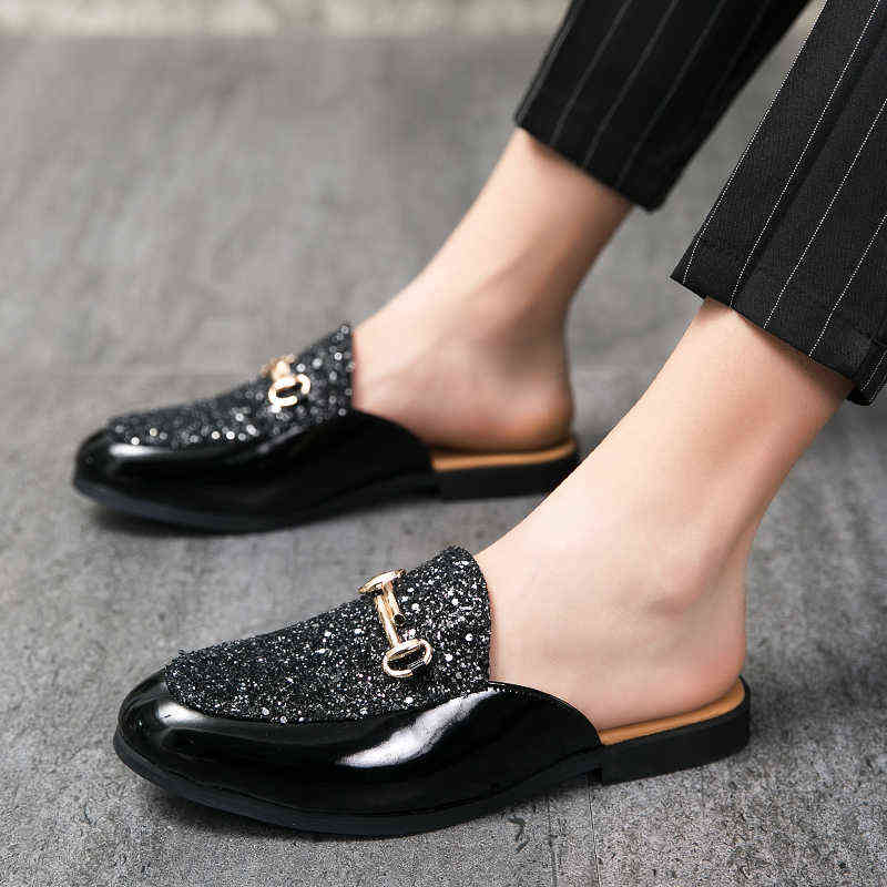 

HBP Dres Shoe New Italian Style Luxury Men Slipper Leather Loafer Moccasin Casual Non slip Man Shoe Fashion Half for Mule 220723, Black sequins
