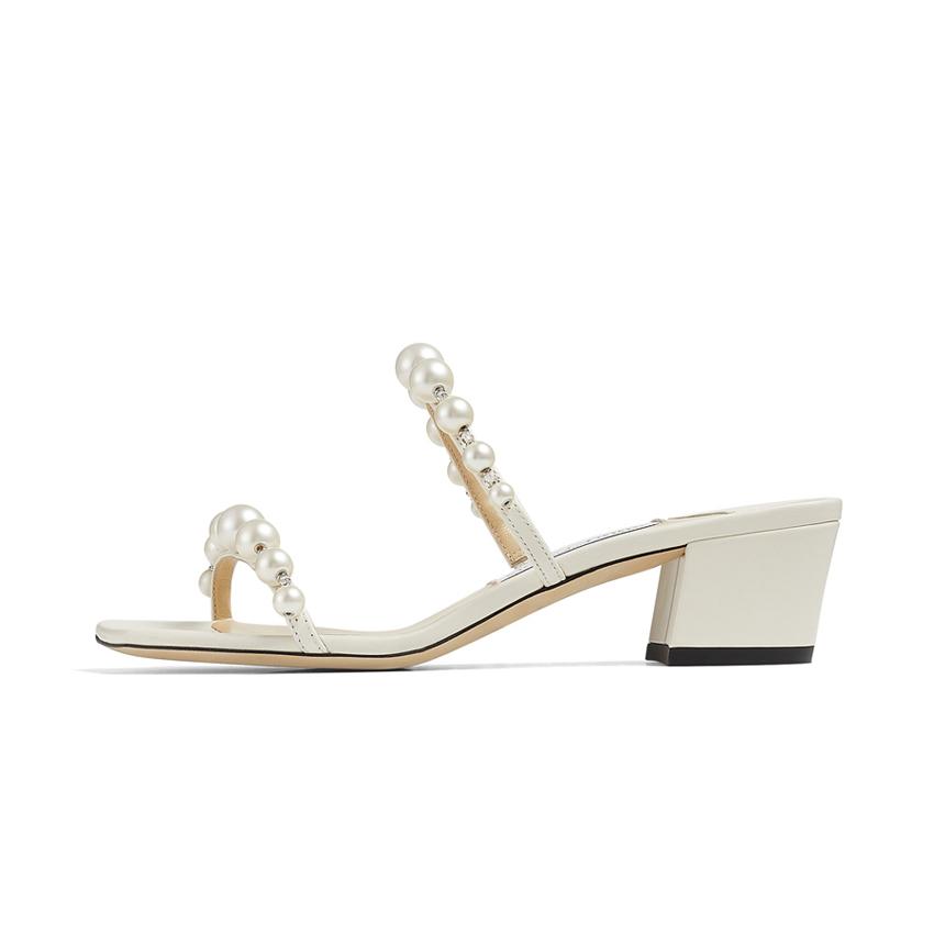 

Sandals Luxury Jimmy Ladies Sandals High Heels Senior London Choo AMARA 45mm Italian Summer Pearl Double Ankle Strap Calfskin Design Fashion Slingback Block Heel, Nude