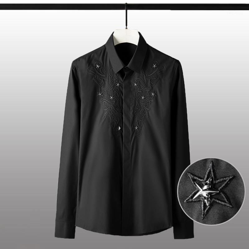 

Men's Casual Shirts Color Cotton Solid Luxury Embroidery Long Sleeve Mens Dress Plus Size 4xl Slim Fit Male, Black
