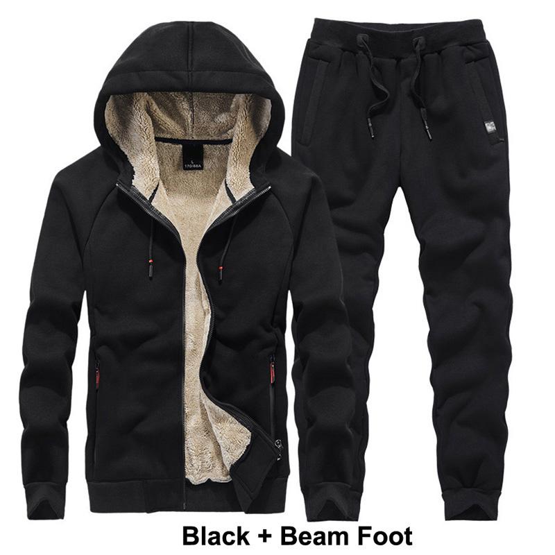 

Men's Tracksuits Sweatshirt Suit Autumn Winter Thick Sport Warm Tracksuit 2 Pieces Hoodies Sets Male Brand Clothing J6T856, Black straight