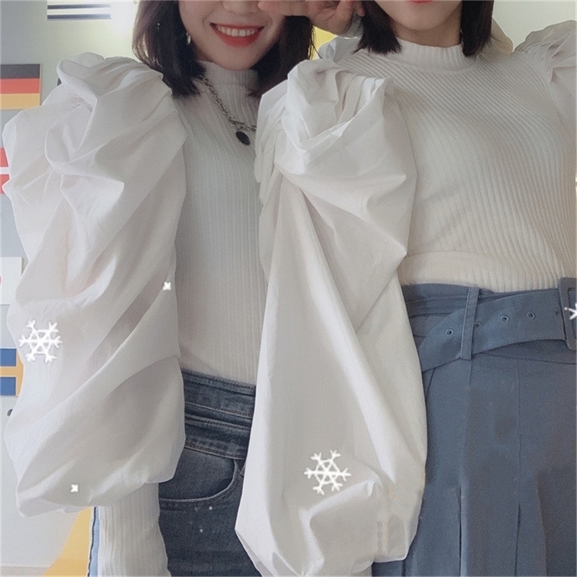 

Spring Tops Lantern Sleeve Fashion Loose Sweater Women Tops Fashion Green Knit Sweater Women O-neck Sweater TG 201203, White