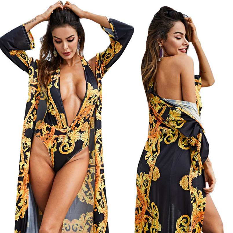 Impression sexy à manches longues couverte la combinaison de baignade de créateurs de femmes en deux pièces en un cou de maillot de bain sexy 205