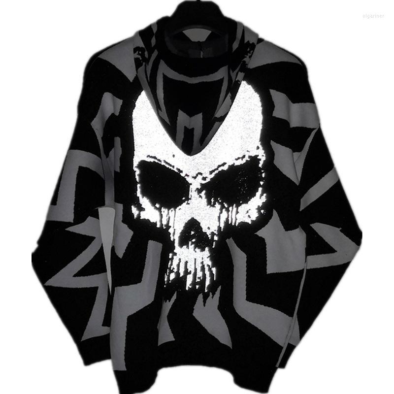 

Men's Sweaters Hip Hop Punk Skull Reflective Hooded Sweater Men Women Harajuku Black White Patchwork Oversized Pullovers Jersey Hombre Olga2