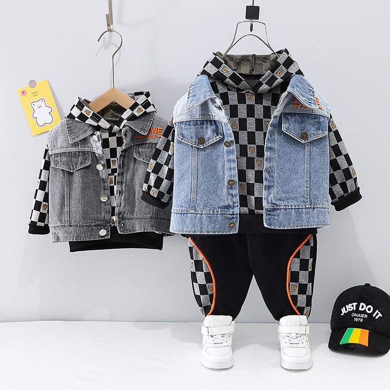 

Clothing Sets Kids Girls Plaid Coat Cotton Top Pants 3 Pieces Of Fashionable Children's Clothes Set 0-4 Spring Boys ClothesClothing, As picture