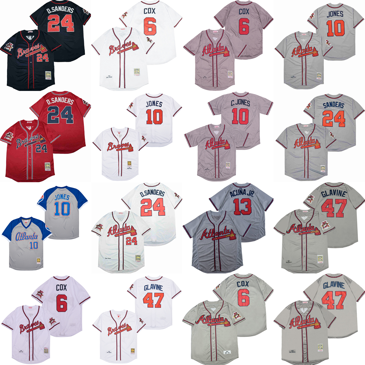 

Throwback 1995 1999 Vintage Baseball 10 Chipper Jones Jersey Retro 24 Deion Sanders 47 Tom Glavine 13 Ronald Acuna Jr Stitched Cool Base Pullover Red White Grey Blue