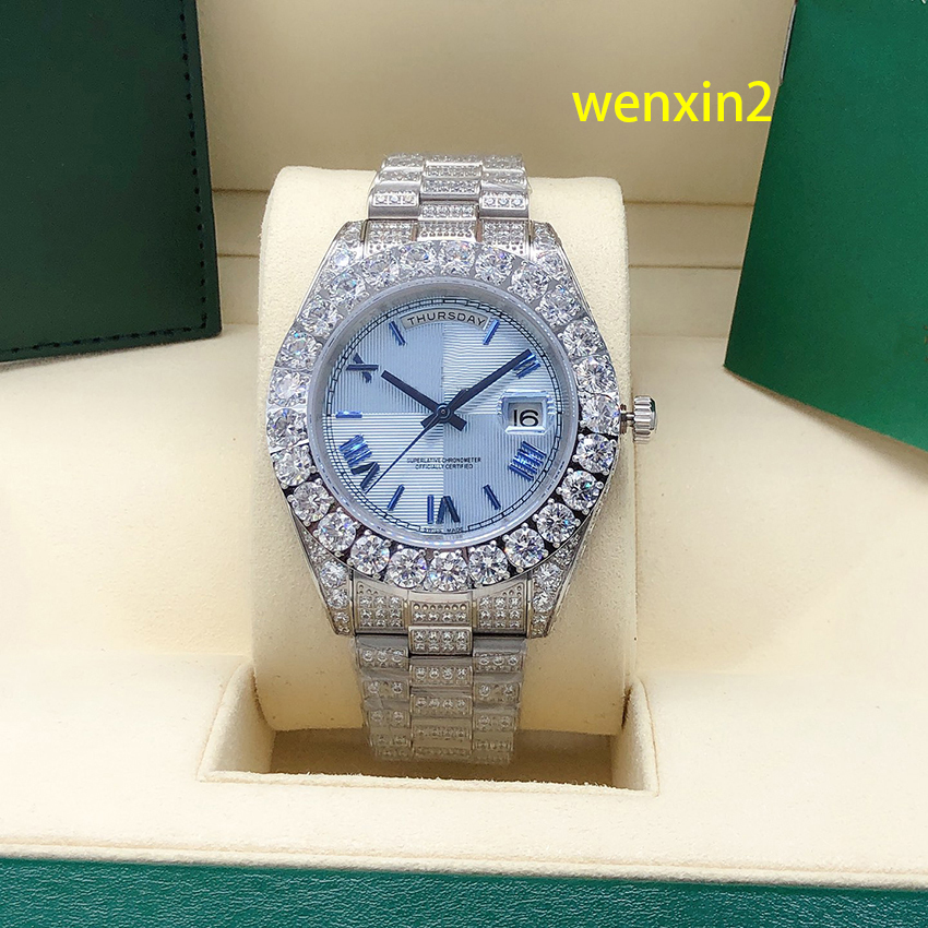 

Classic men's watch luxury 43mm mechanical automatic stainless stereo Roman watchband bezel full of diamonds, Box