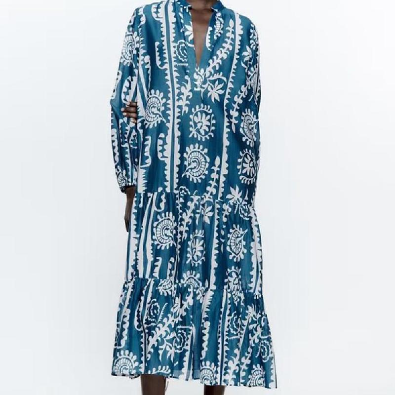 

Casual Dresses Women' fashion temperament layered stitching print dress Printed baggy long dress, Blue