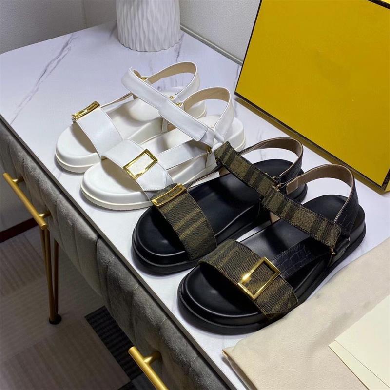 

Women Signature Leather Flat Sandal Designer Slides Black White double band Lambskin Shoes Maxi Metal Buckle Rubber Sole With Box, Color 1