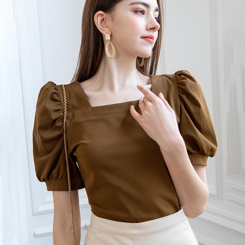 

Women's T-Shirt TuangBiang Women Square Collar 2022 Puff Sleeve Cotton Female Clothing Classic Red TShirt Brand Ruffles Retro Black Tops