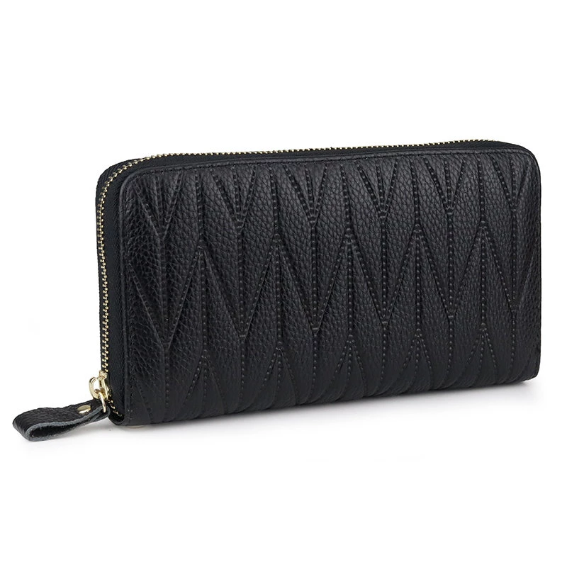 

genuine leather women designer wallets credit card holder RFID blocking long wristlet clutch wallet ladies large cards organizer bag travel purse, Black