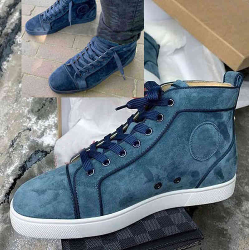 Fashion High Top Blue Suede Men's Spikes Flats casual shoes Red soles Shoe For Women Mens Party Lovers Genuine Leather Sneakers with Box EU3
