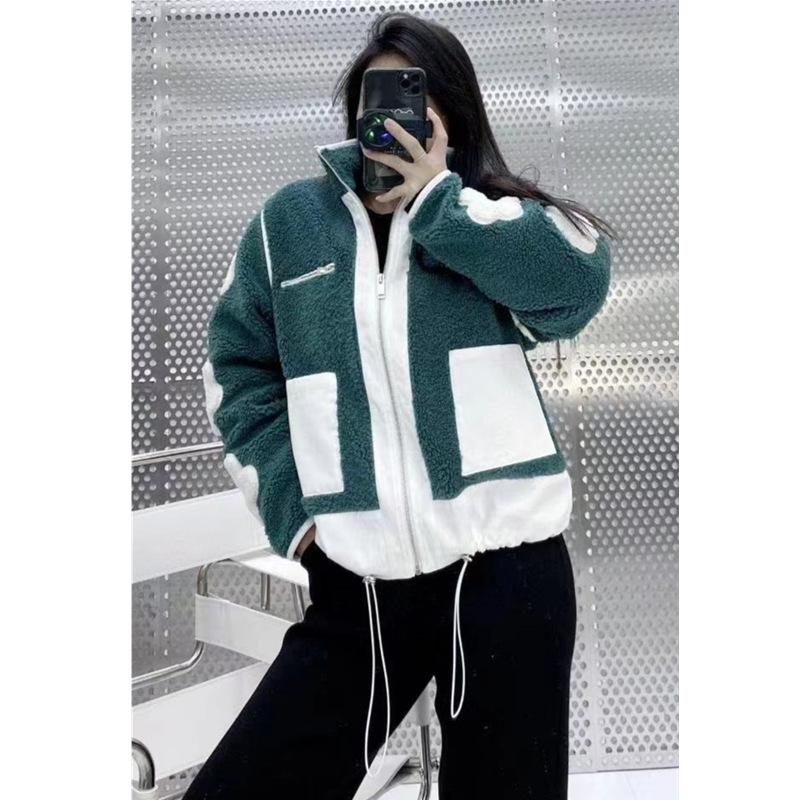 

Women' Jackets 2022 Lamb Velvet Stitching Contrast Jacket Flower Decoration, Green