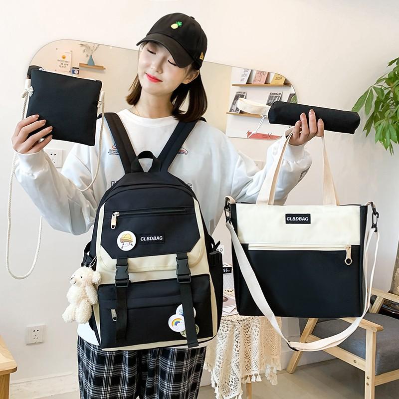 

School Bags 4 Pcs Sets Women Backpack Canvas For Teenager Girls Kawaii Bookbag, Black