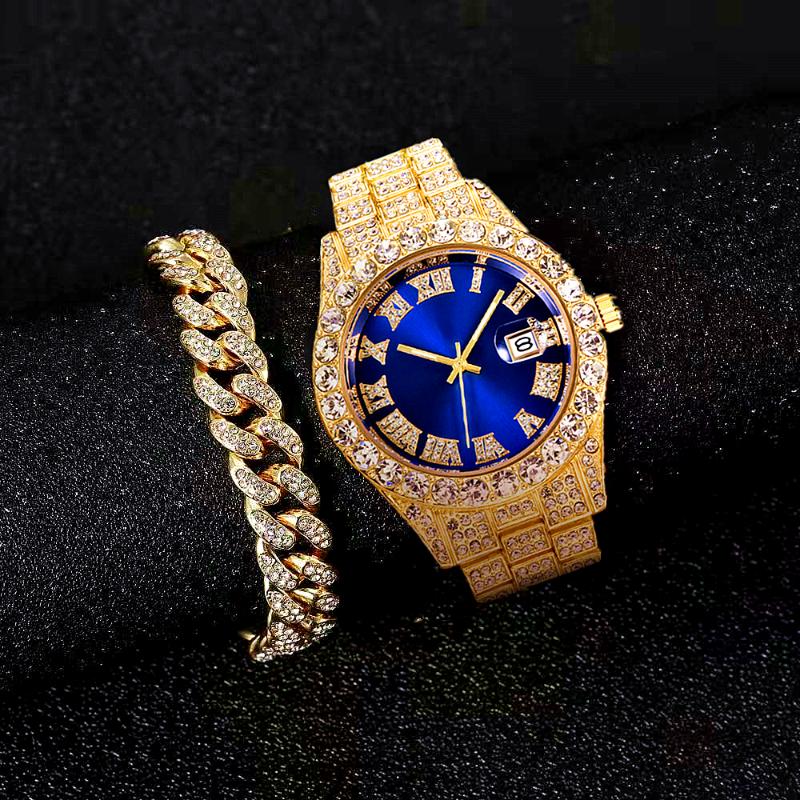 

Wristwatches Full Iced Out Watch For Men Bling Miami Cuban Chain Bracelet Green Water Ghost Hip Hop Luxury Gold Watches Women Set Relojes, Sliver blue