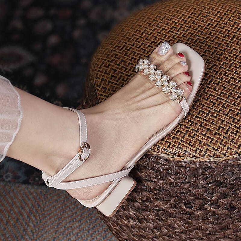 

Dress Shoes Flock Beige High Heels Sandals Women 2022 Summer Fashion Open Toe Buckle Casual Square Heel Female ShoesDress, Black