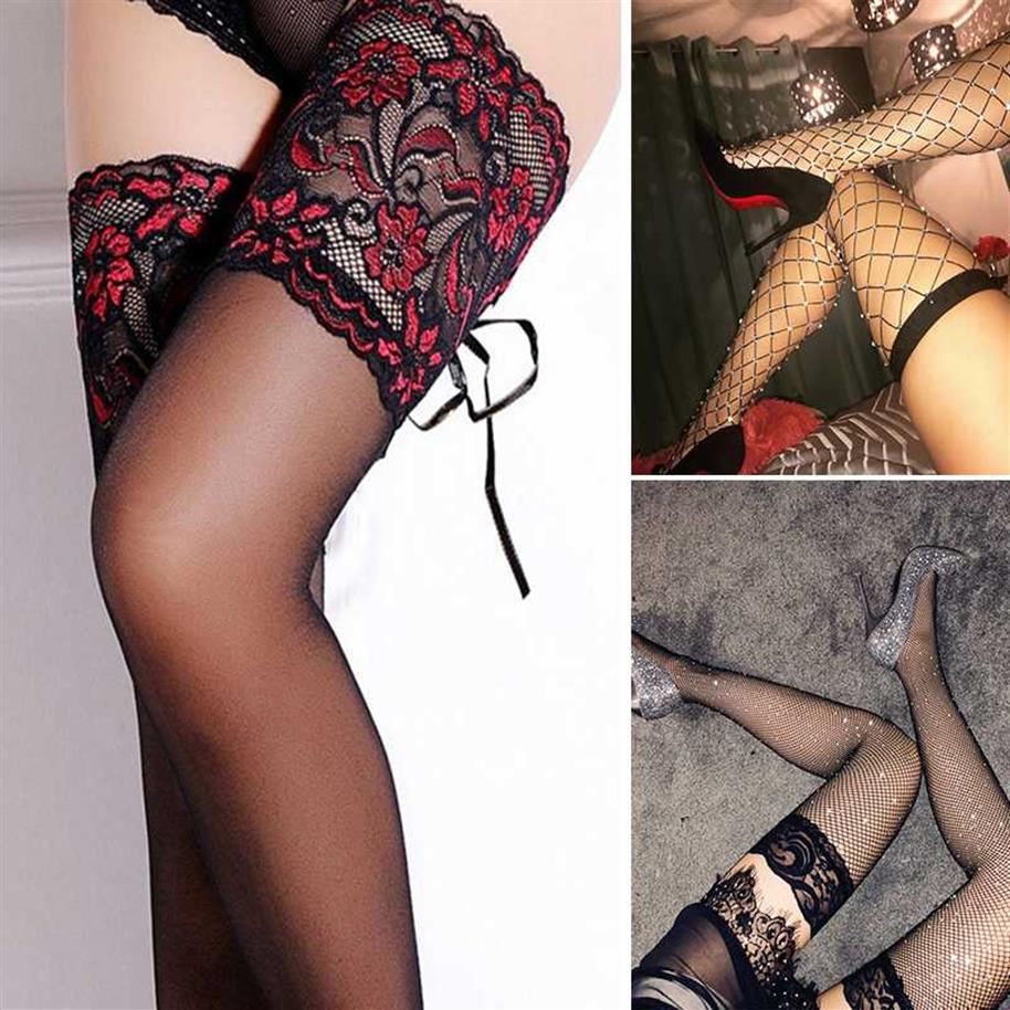 

Bling Shiny Rhinestone Sexy Women Stockings Mesh Fishnet Lingerie Female Stockings Thigh High Over Knee Nylon Long241m, Black style d