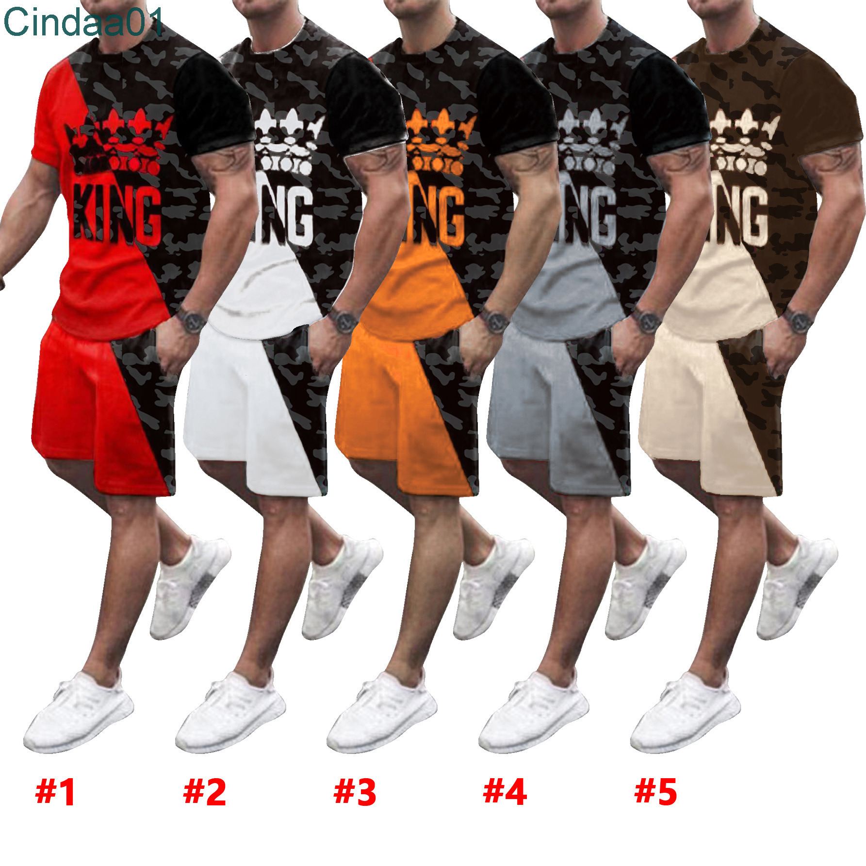 Men's Clothing Fashion Short Sleeve Tracksuits Casual Solid Color Printed Two Piece Set Sportwear With Pockets