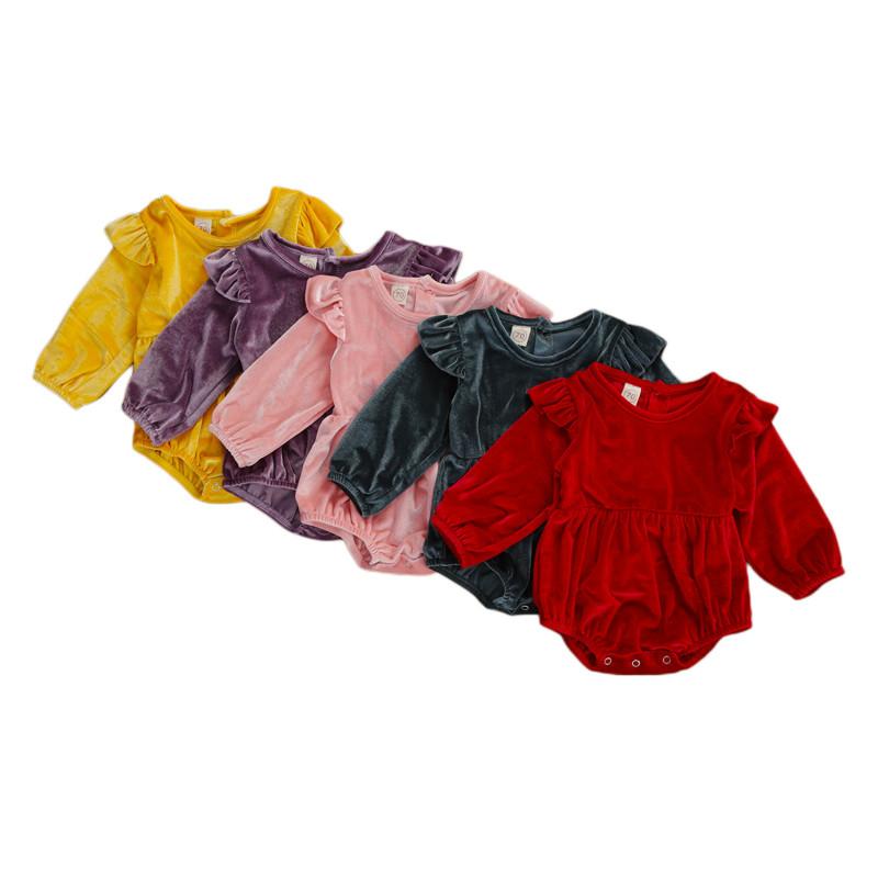 

Rompers Baby Girls Romper Gold Velvet Solid Color Long Sleeve Round Neck Button Closure Outfit Back Ruffle Spring Autumn ClothingRompers, Red