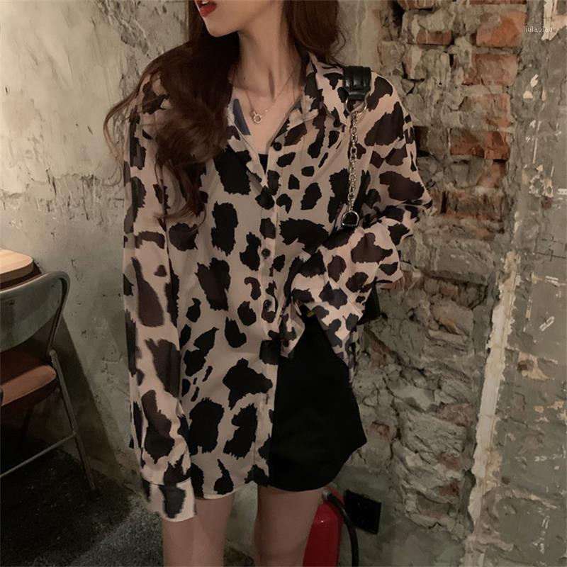 

Long Sleeve Loose 2022 Women Shirts Fashion Ins Korean Vintage Chiffon Hipster Leopard Print Aesthetic Blouses Women's &, Brown