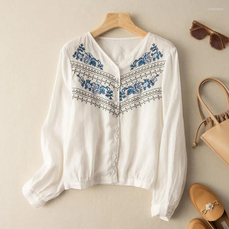 

Women's Blouses & Shirts Embroidered V-neck Cotton And Linen Shirt 2022 Spring Summer Literary Retro Loose Plus Size Ladies Casual Cardigan, Orange