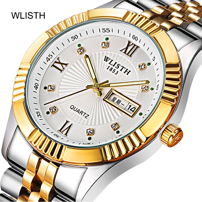 

Wristwatches Fashion Calendar Week Full Steel Gold Couple Watch Business Men's And Women's Waterproof Luminous Send Lover GiftWristw, Men-gold white