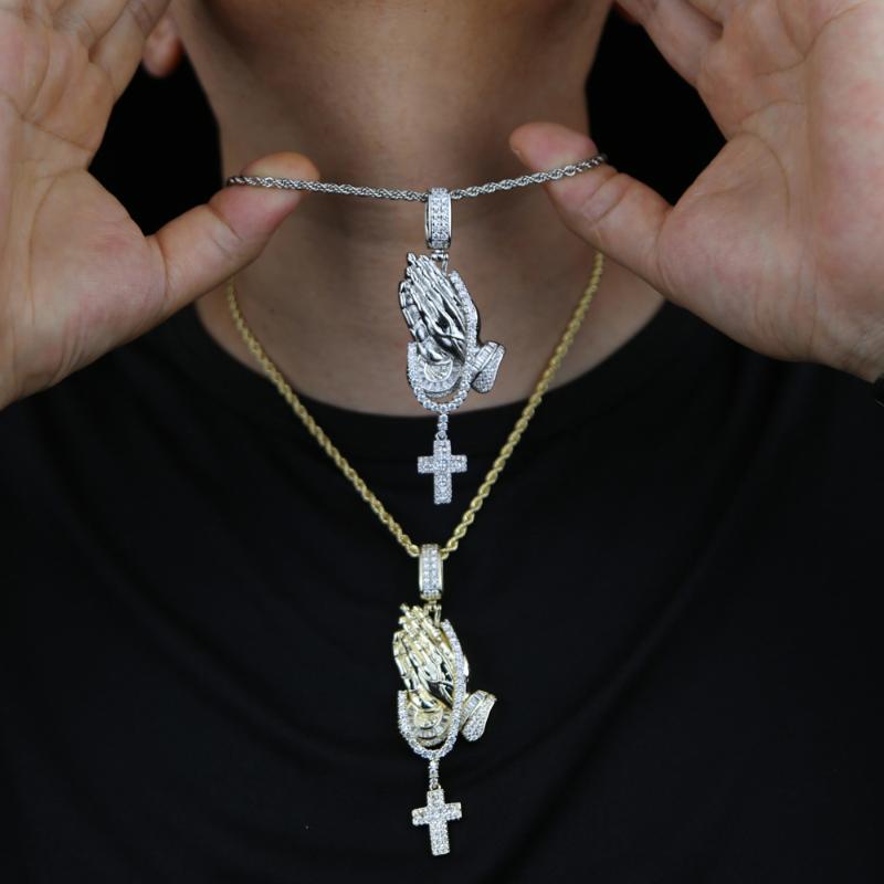 

Chains Arrived 18K Gold Plated Hip Hop Jewelry Micro Paved Cz Pray Hand Cross Pendant Necklace With Rope Chain For Men BoyChains ChainsChain