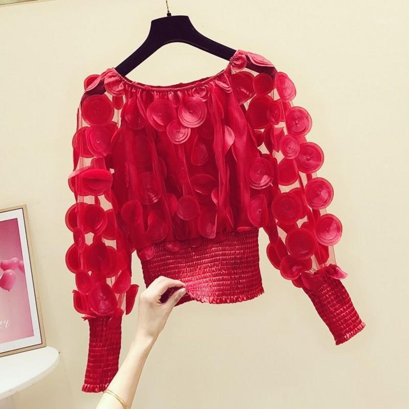 

Slash Neck Flower Women Blouse 2022 Summer Solid Red Lantern Sleeved Slim Short High Waist Lady Elegant Pulls Tops Tees Women' Blouses & Sh, Black