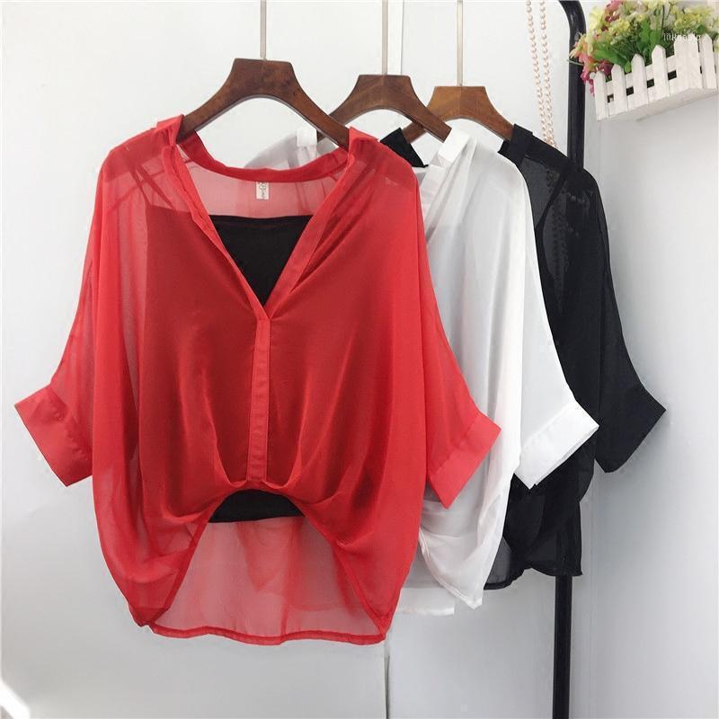 

Solid Chiffon Women Blouse 2022 Summer Two Pieces V-neck Half-sleeved Loose Office Lady Elegant Pulls Outwear Coat Tops Women's Blouses & Sh, See chart