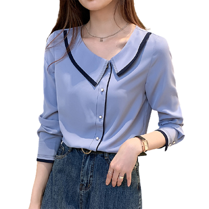 

Women' Blouses & Shirts Autumn Women Blue Chiffon Blouse Shirt Tops Blusas Mujer De Moda Long Sleeve Femme
