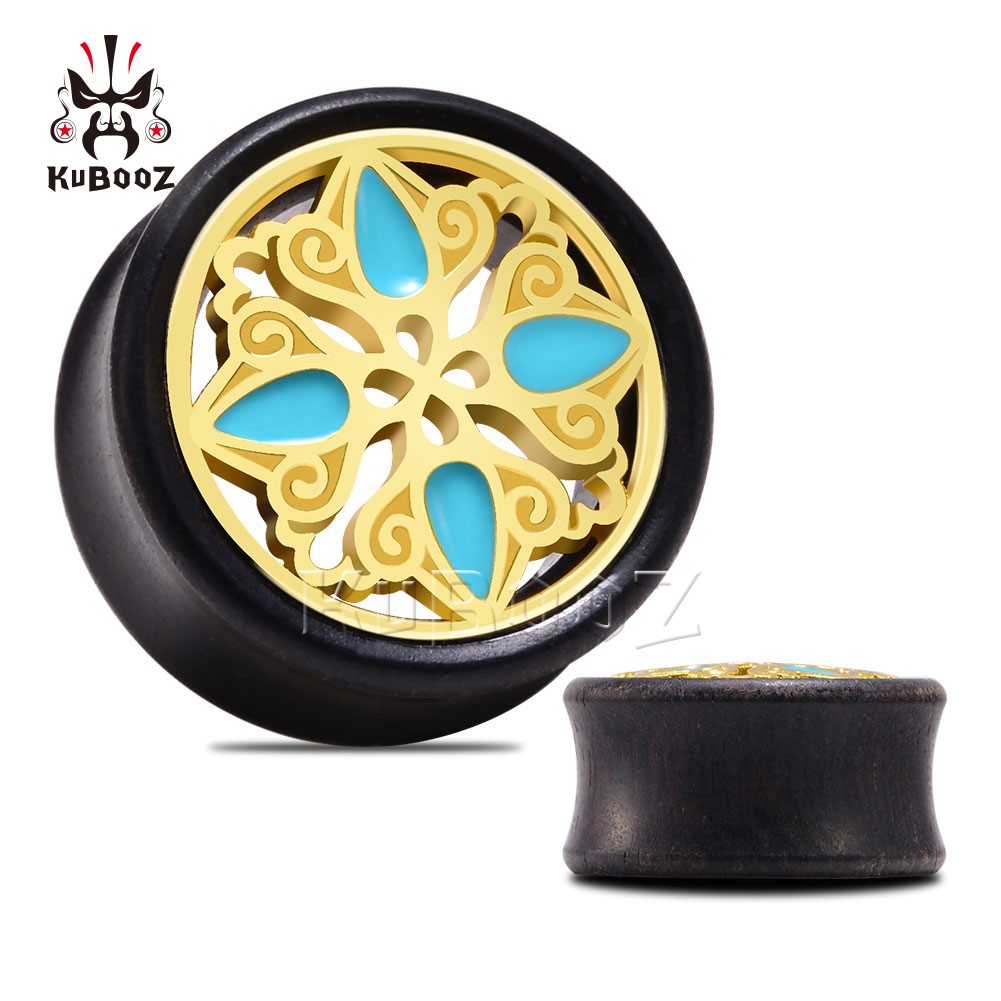 

KUBOOZ Wholesale Wood Inlaid Gold Blue Pattern Ear Tunnels Piercing Earring Gauges Plug Body Jewelry Stretcher Expander 8-25mm 42PCS