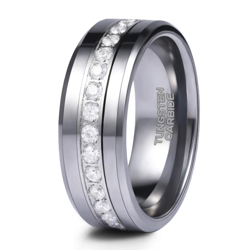 

Wedding Rings 8mm Mens Tungsten Bands With Cubic Zirconia Eternity Ring CZ Inlaid High Polish Beveled Edges Engagement For MenWedding