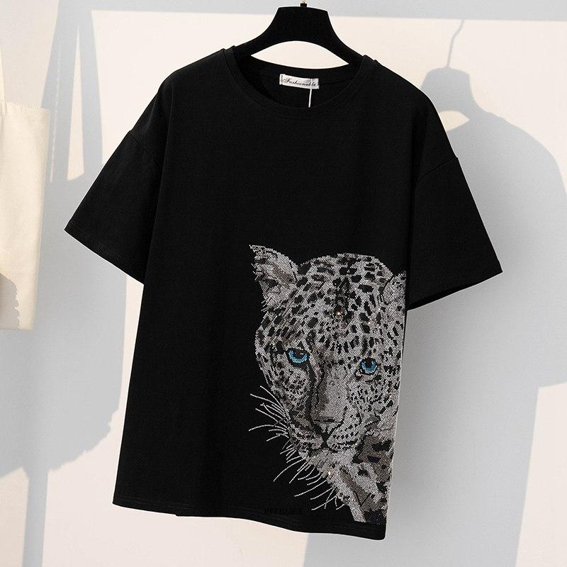 Women's Plus Size T-Shirt 8XL 150KG Short Sleeve T Shirt For Women O Neck Femme Tee Diamonds Lepoard Big Tops Loose Large ShirtWomen's