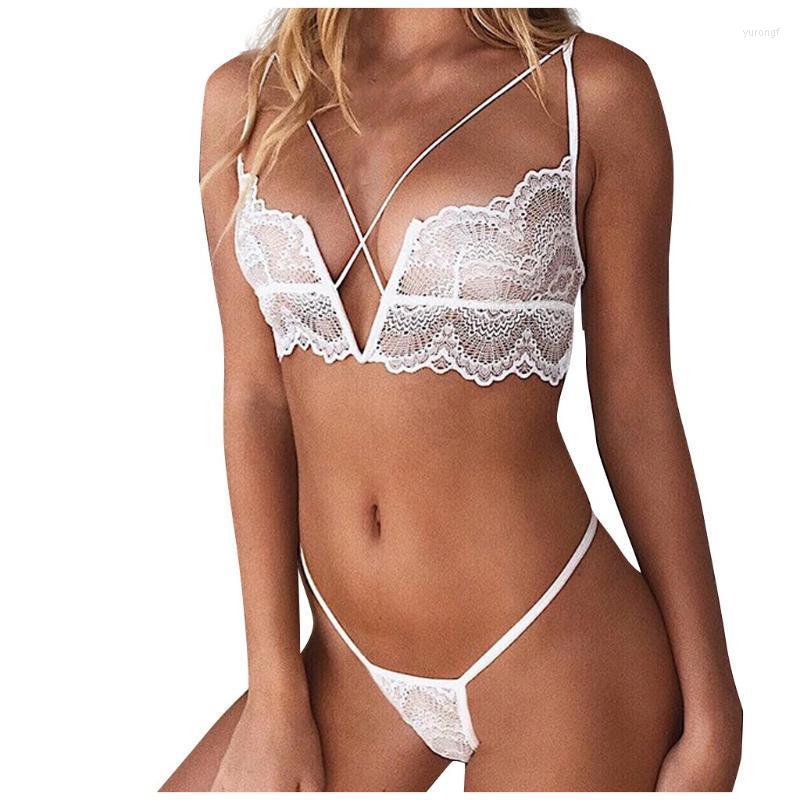 

Bras Sets Pure Lace Sexy Lingerie Pajamas Wireless Women Sleepwear Underwear G-string Push Up Top Bra Pants Set Exotic Apparel, Black