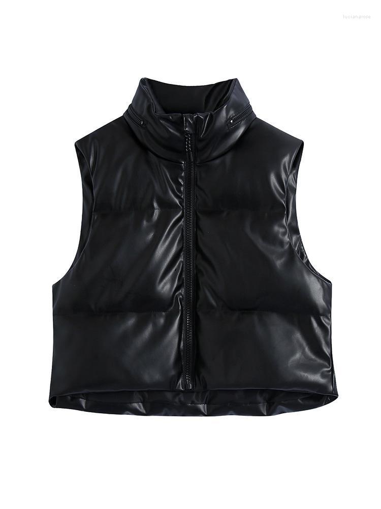 

Women's Vests Winter Clother Women Puffer Jacket Vest Zip Up Black Faux Leather Gilet High Neck Sleeveless PU Quilted Padded Luci22