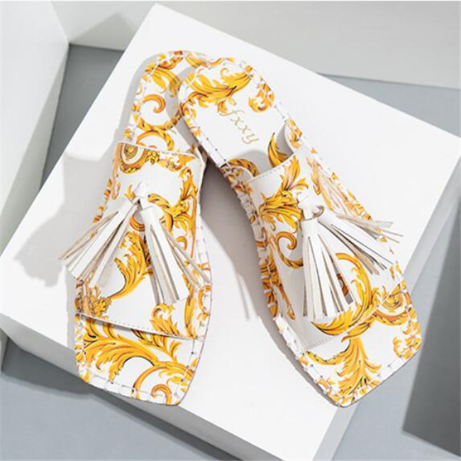 

Fashion Women Sandals Leather Flat Heels Slippers Flowers Tassel Slide Flip Flops Outdoor Summer Female Shoes, Red