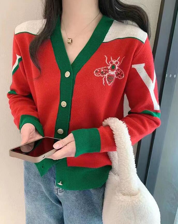 

Women Sweaters Autumn Winter New Loose Knitted Cardiagn Casual V-neck bee print Drop-shoulder Sleeve Sweater Coat Female Chic Crochet Outerwear, Customize
