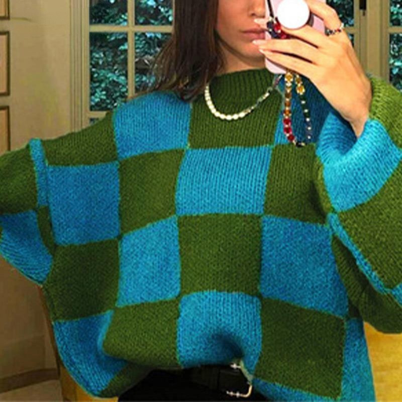 

Za Casual ONeck Women' Sweater Long Sleeve Plaid Loose ColorMatching Women Sweaters Autumn Low Price Promotion Sweaters 220816, Purple