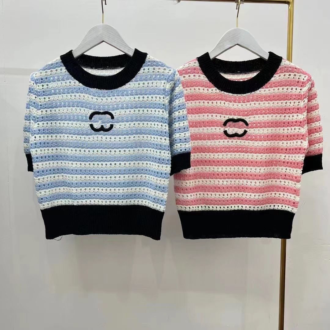 Designer Womens Knits Wear Tees Women Clothing Classic Stripe Hollowed Out Short Thin Knitted Loose Short Sleeved Top Tshirts Blue Pink S M L XL