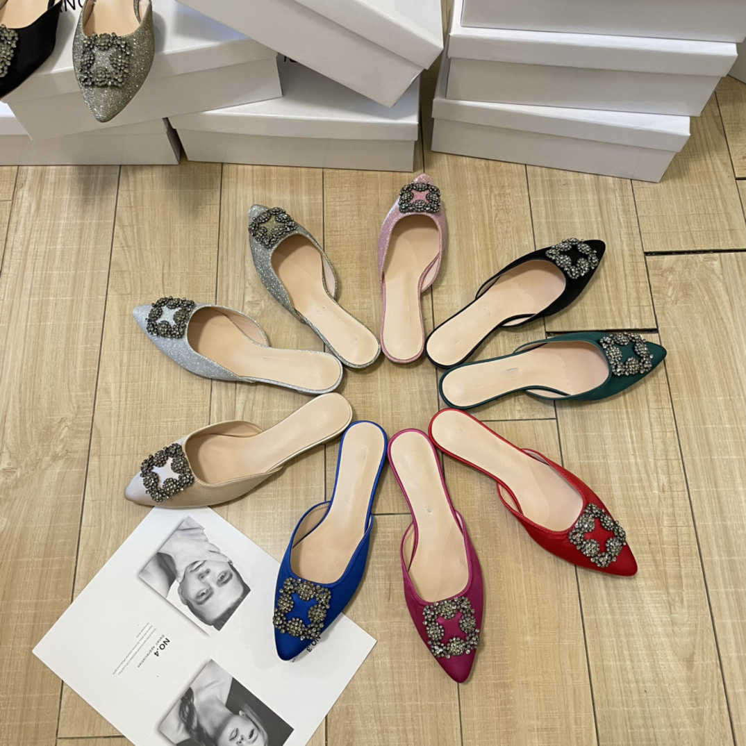 

Rhinestone buckle silks satins pump shoes Women Hangisi Slides Slip On Manolos Jewel Mules Blahniks Slippers Pointed Toe Flats Crystal Dress Wedding sandal 34-40, Fill postage
