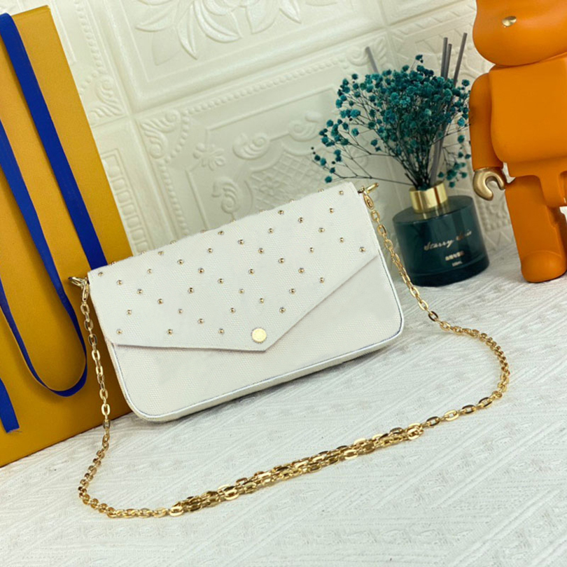 

HIGH QUALITY chain bag luxurys designers classic 3 piece set ladies shoulder bags fashion handbag leather crossbody with box, White plaid pink inside