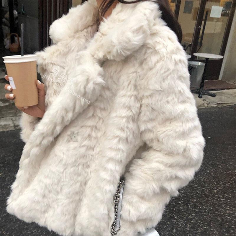 

Women' Fur & Faux High Quality Clothing Winter Lamb Coat 2022 Furry Short Large Lapel Wild Imitation Cotton Women Jacket, Ivory