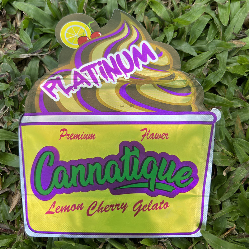 

Empty irregular shaped mylar bags resealable zipper custom printed Unique Die Cut Cannatique lemon cherry gelato Raspberry Pouch with Bottom Gusset