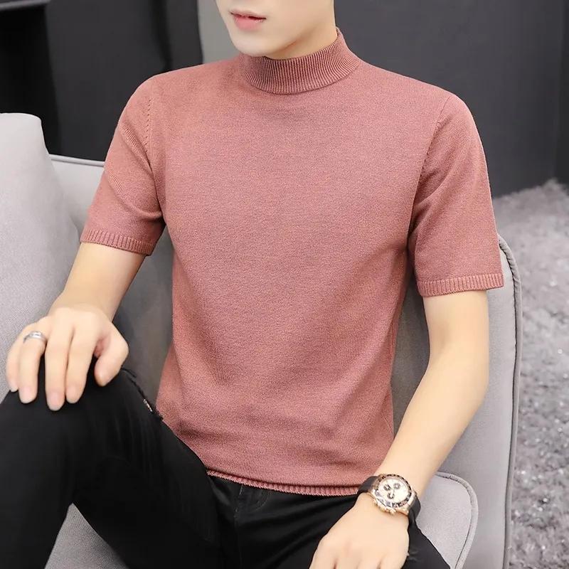 

Men's Sweaters Men's Short-Sleeved Knitted T-Shirt Half-High Collar White Slim-Fit Sweater Autumn Korean Fashion Casual Bottoming TopsMe